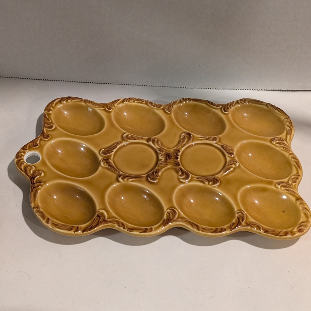 Vintage Deviled Egg Plate Porcelain Japan Yellow w/brown trim 1 Piece 1960's